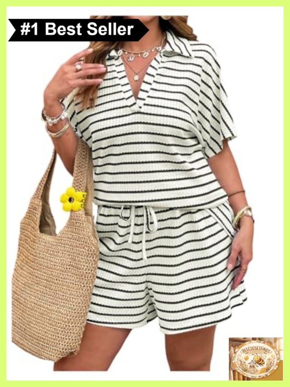 Plus Size Waffle Knit 2 Piece Short Set Collared V Neck Drawstring Casual